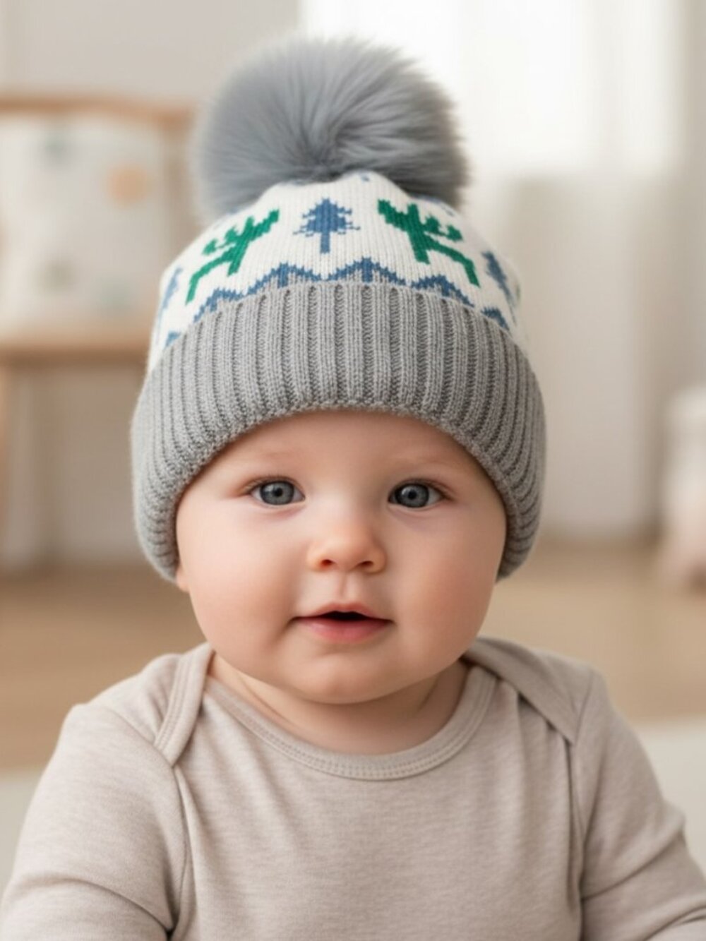 Toddler Winter Beanie Hat Fair Isle Deer Tree Pattern Faux Fur Pom Pom